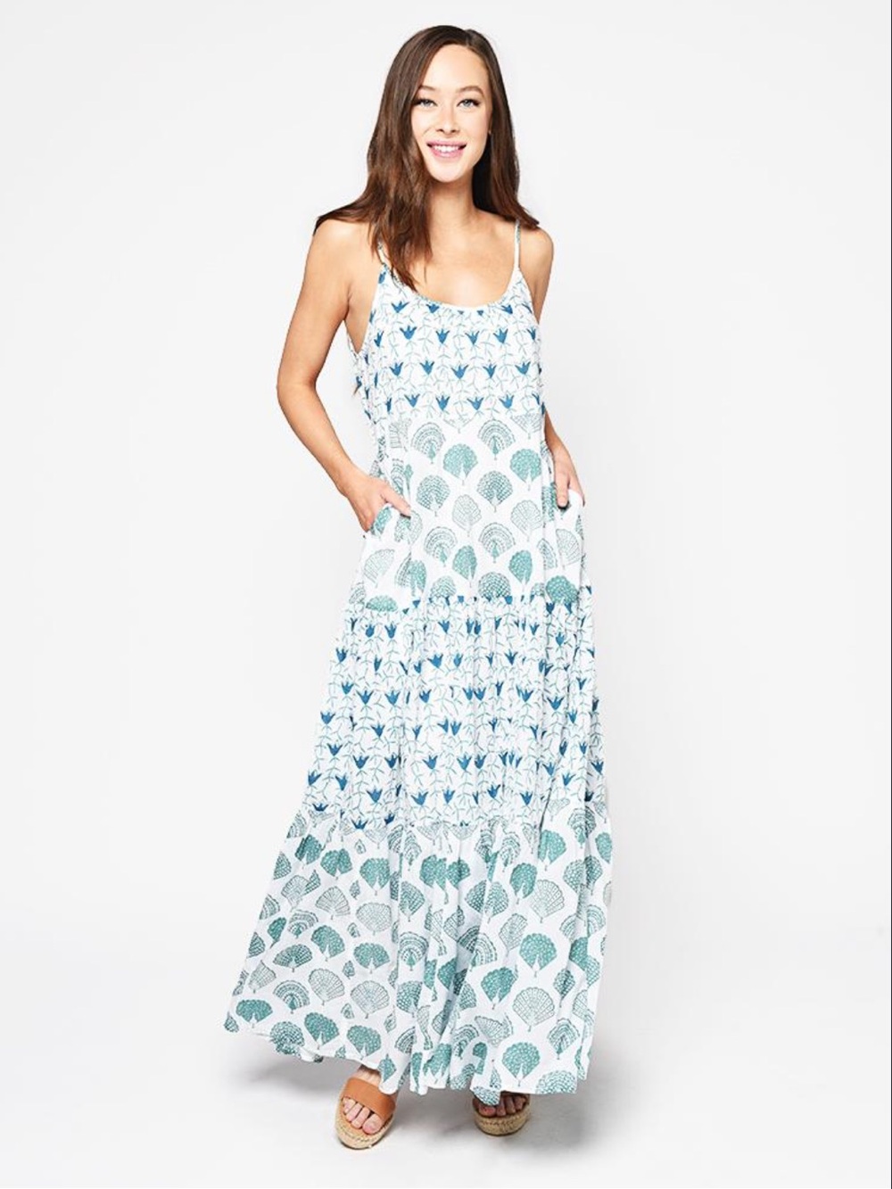 Roller Rabbit dancing Flowers Dakota White and Teal Printed Maxi Dress